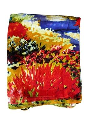 Silk Satin Impressionist Style Scarf with Garden Scene